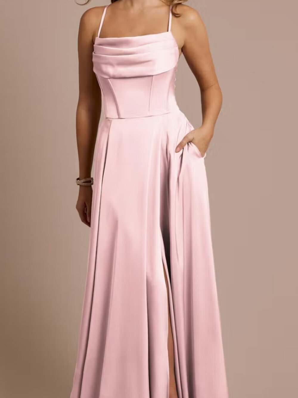 David's Bridal Cowl Neck Spaghetti Strap Pastel Pink Dress EUC Size 18 .